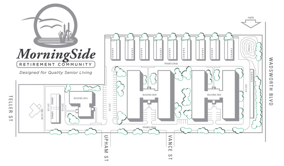 The Morningside site plan: three apartment buildings numbered 3610, 3630 and 3650 between Upham and Vance Streets, with two rows of private garages, a pond at the north-east corner and Wadsworth Boulevard along the east edge.